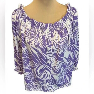 Melloday Blouse Women XL Top Purple Floral Half Sleeve Tropical Elastic Neckline